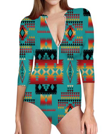 Blue Native Tribes Pattern Native American Women's Long Sleeve One Piece Swimsuit