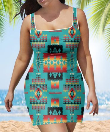Blue Native Tribes Pattern Neckline Dress