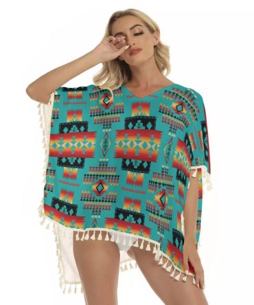 Blue Native Tribes Pattern Square Fringed Shawl