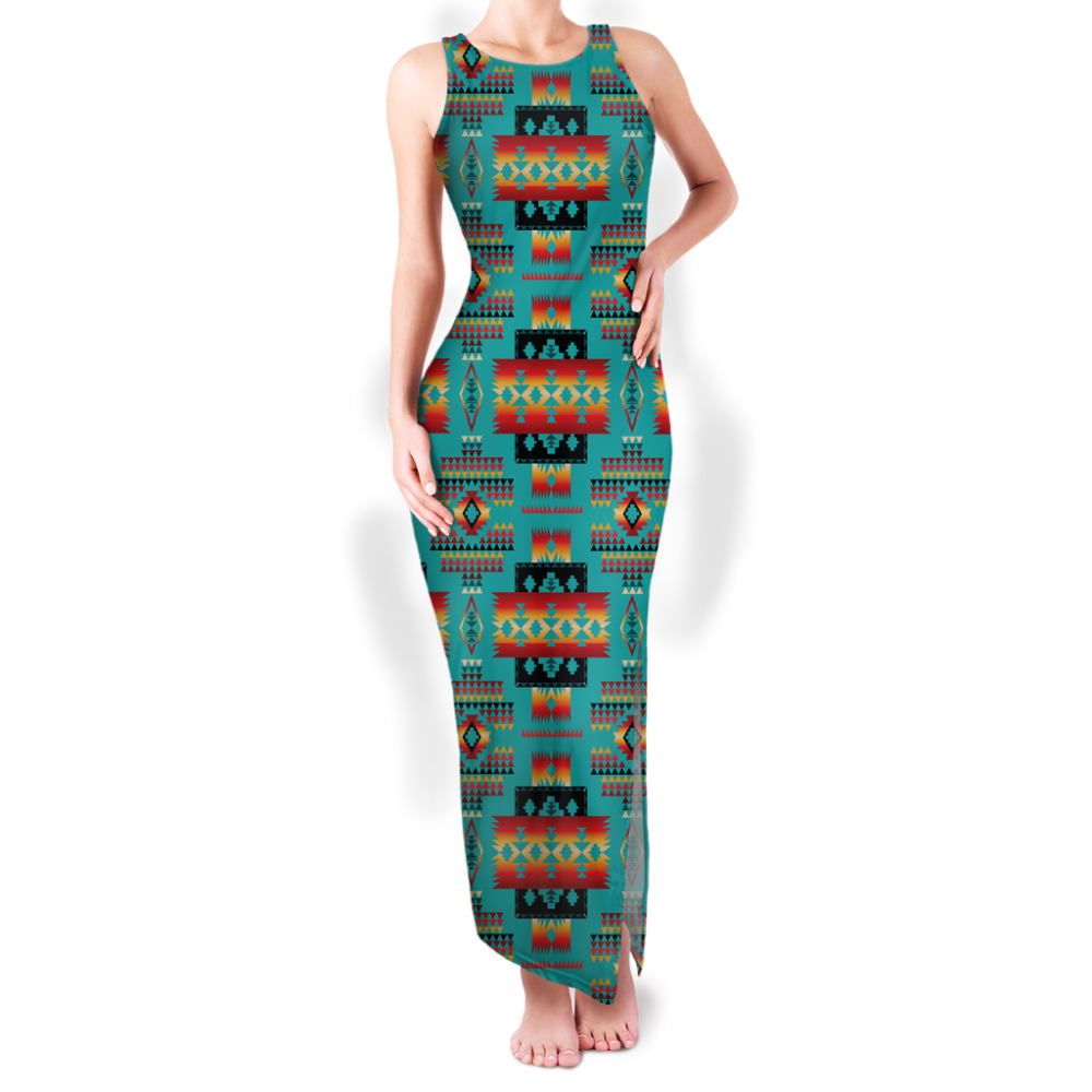 Pattern Native Round Neck Double Slit Sundress