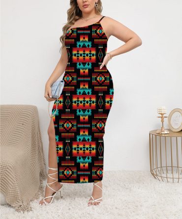 Black Native Tribes Oblique-Shoulder Exposure Dress With Side Split