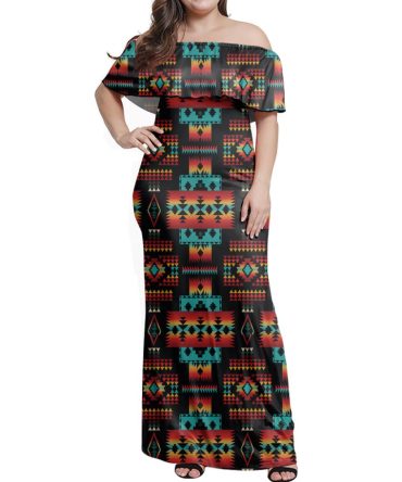 Black Native Tribes Pattern Native American Off Shoulder Dress
