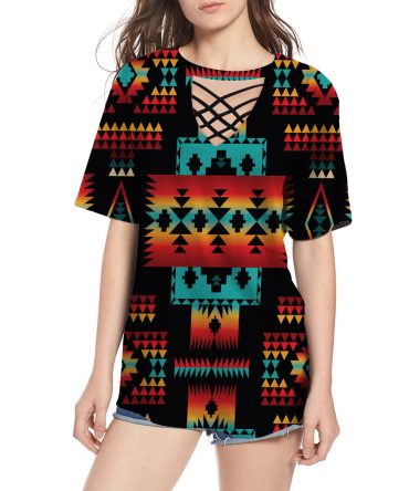 Black Native Tribes Pattern Native American Round Neck Hollow Out Tshirt