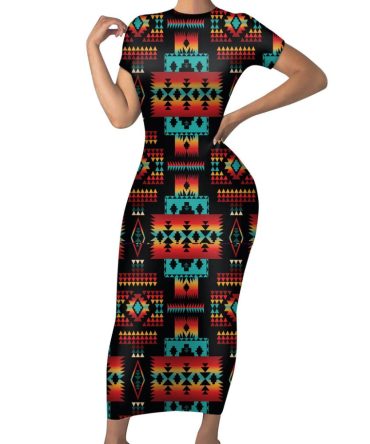 Black Native Tribes Pattern Native American Short-Sleeved Body Dress