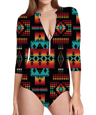 Black Native Tribes Pattern Native American Women's Long Sleeve One Piece Swimsuit