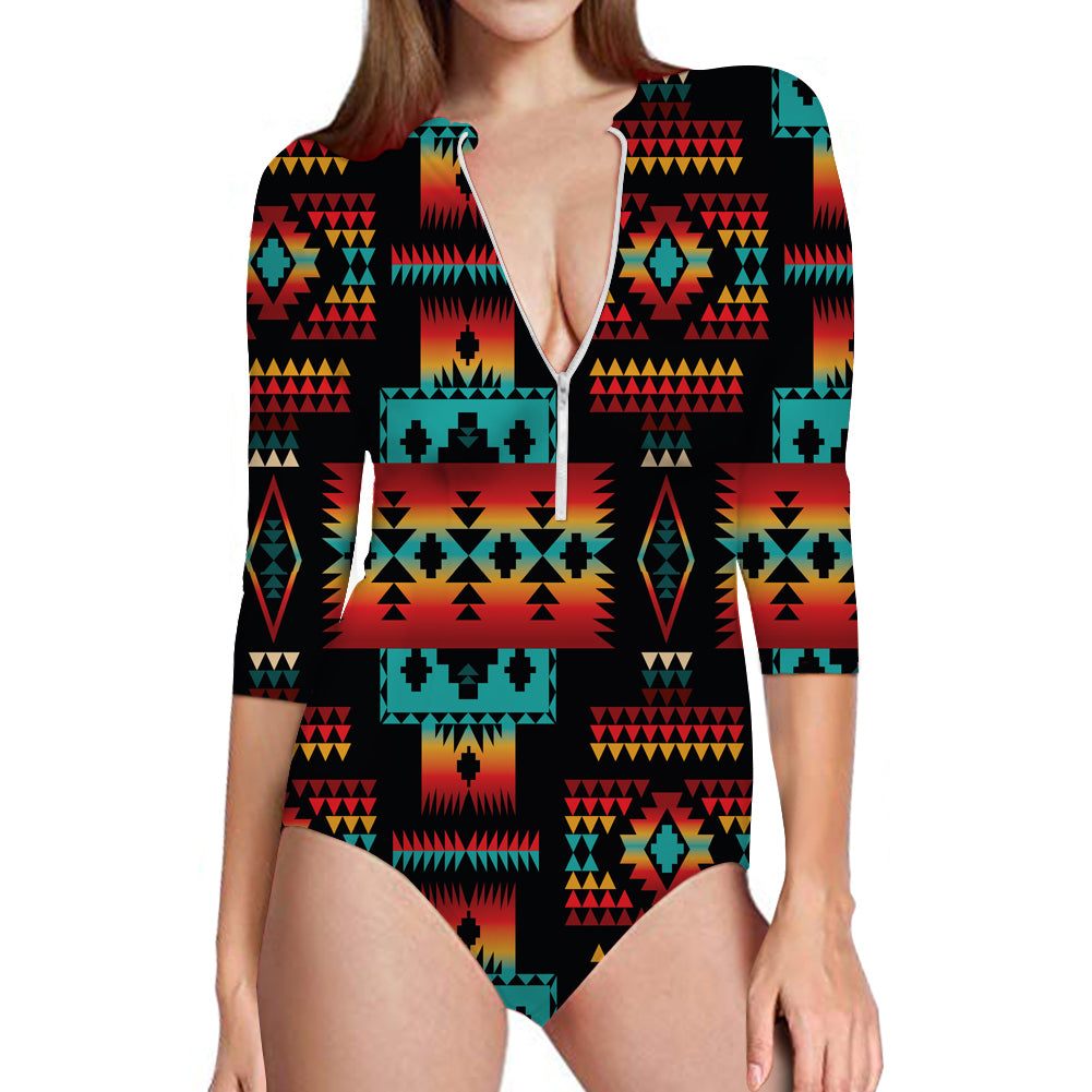 Black Native Tribes Pattern Native American Women's Long Sleeve One Piece Swimsuit