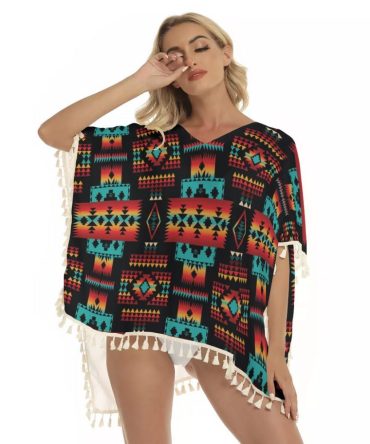 Black Native Tribes Pattern Square Fringed Shawl