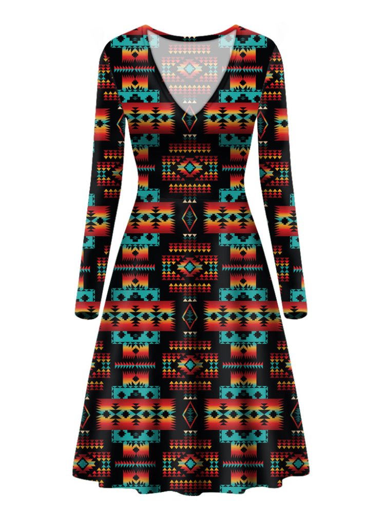 Black Pattern Native V-Long Sleeve Dress