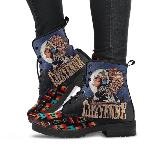 Chief Black Native Tribes Pattern Native American Leather Boot - Image 3