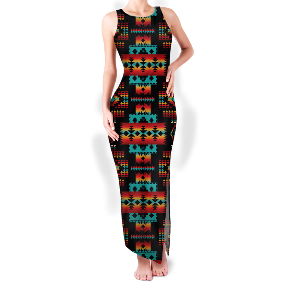 Pattern Native Round Neck Double Slit Sundress