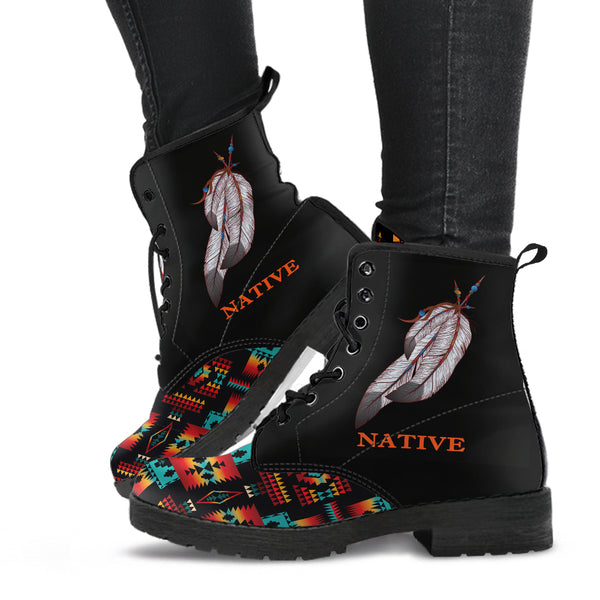 Black Native Tribes Pattern Native American Leather Boots - Image 3