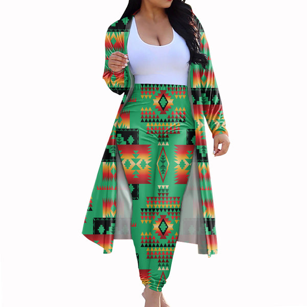 Green Tribe Pattern Native American Cardigan Coat Long Pant Set - Image 3
