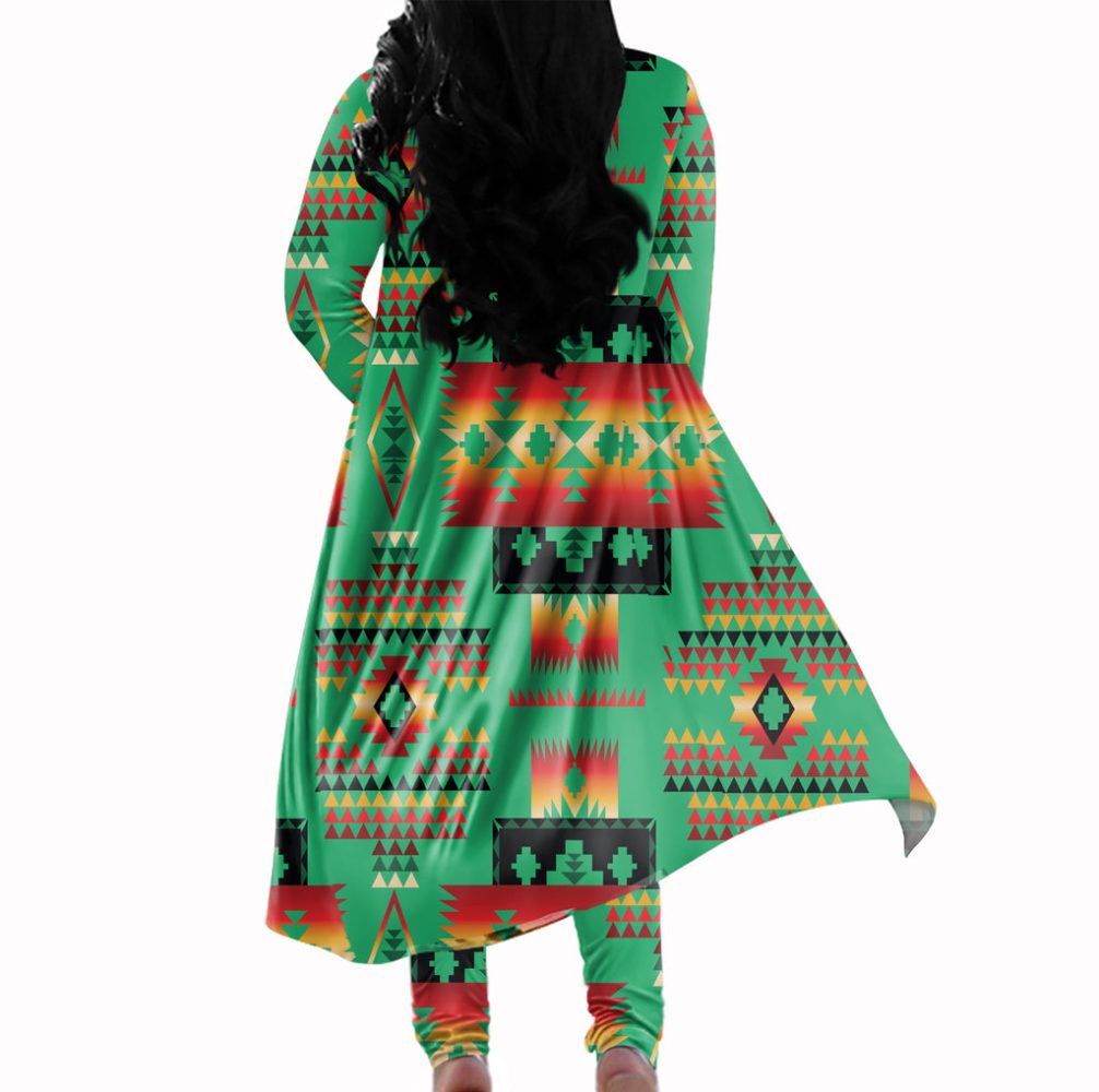Green Tribe Pattern Native American Cardigan Coat Long Pant Set