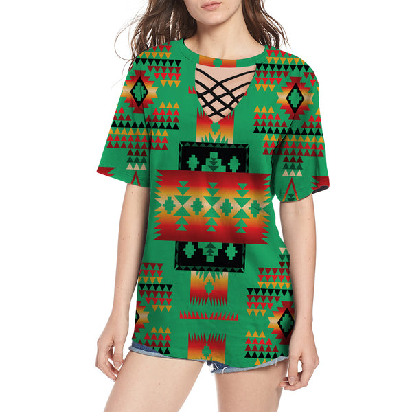 Green Tribe Pattern Native American Round Neck Hollow Out Tshirt - Image 2