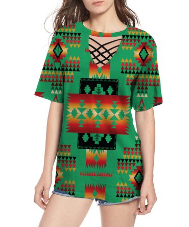 Green Tribe Pattern Native American Round Neck Hollow Out Tshirt