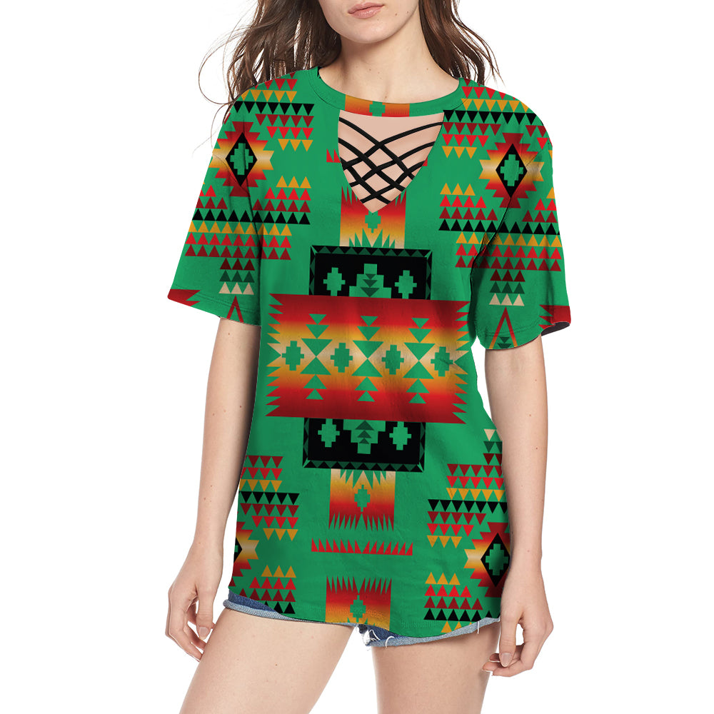 Green Tribe Pattern Native American Round Neck Hollow Out Tshirt