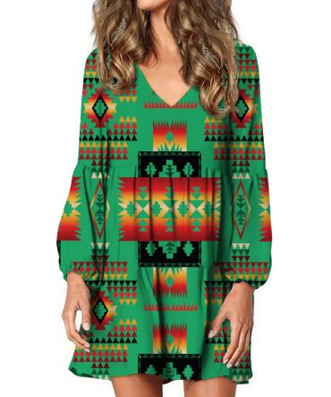 Green Tribe Pattern Native American Swing Dress