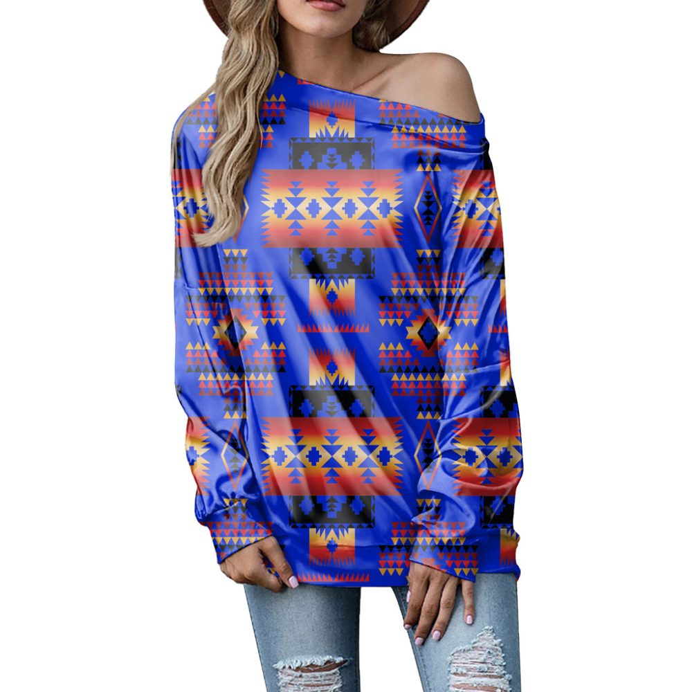 Dark Blue Native Tribes Pattern Native American Off-shoulder Sweatshirt