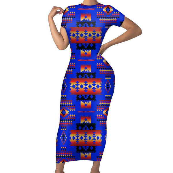 Dark Blue Native Tribes Pattern Native American Short-Sleeved Body Dress - Image 2