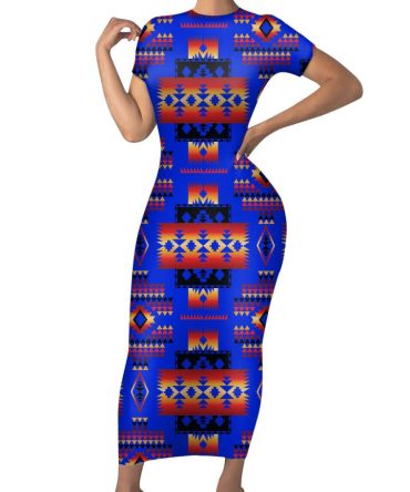 Dark Blue Native Tribes Pattern Native American Short-Sleeved Body Dress