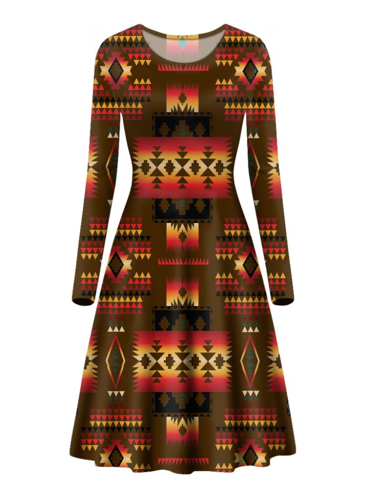 Brown Native Pattern Long Sleeve Dress
