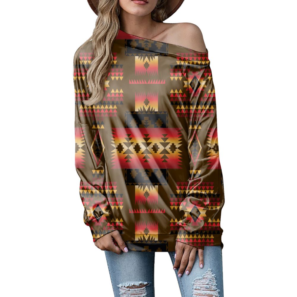 Brown Native Tribes Pattern Native American Off-shoulder Sweatshirt