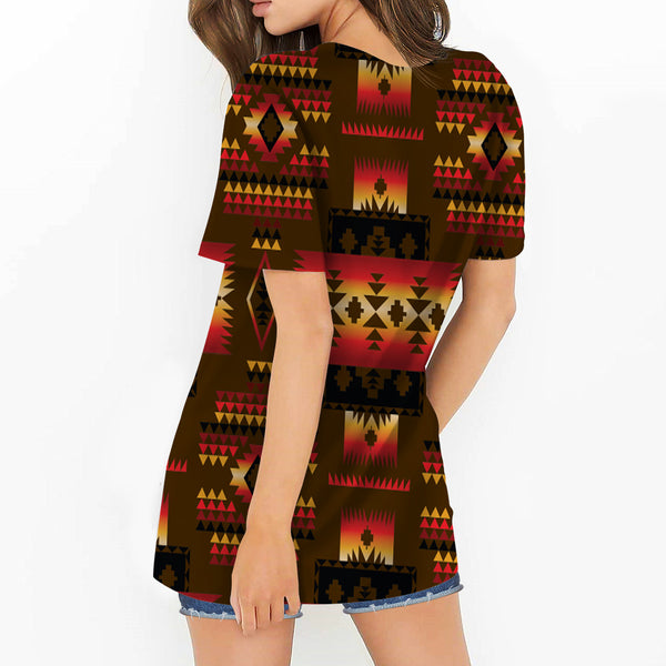 Brown Native Tribes Pattern Native American Round Neck Hollow Out Tshirt - Image 3