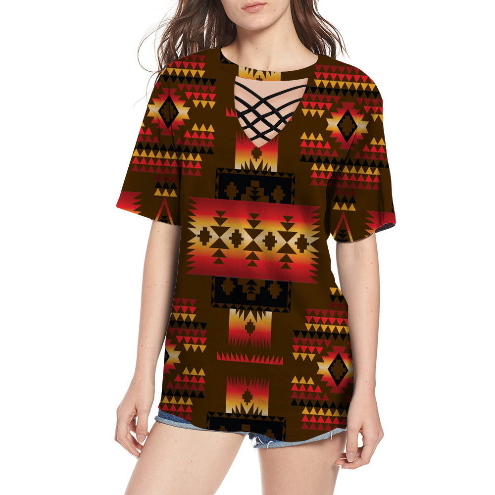 Brown Native Tribes Pattern Native American Round Neck Hollow Out Tshirt