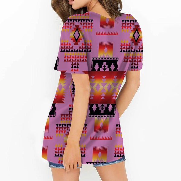 Pink Tribes Pattern Native American Neck Hollow Out Tshirt - Image 3