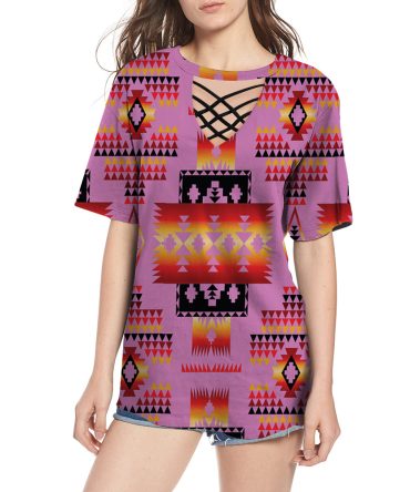 Pink Tribes Pattern Native American Neck Hollow Out Tshirt
