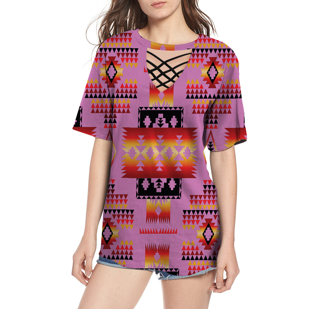 Pink Tribes Pattern Native American Neck Hollow Out Tshirt
