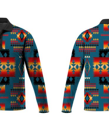 Green Tribes Pattern Native American Polo Long Sleeve