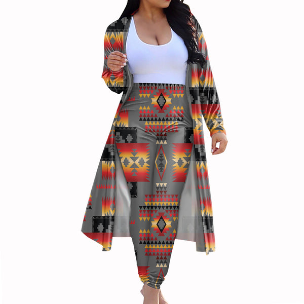 Gray Tribe Pattern Native American Cardigan Coat Long Pant Set - Image 3