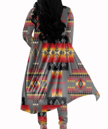Gray Tribe Pattern Native American Cardigan Coat Long Pant Set