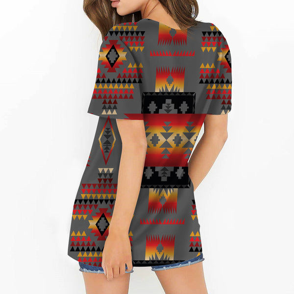 Gray Tribe Pattern Native American Round Neck Hollow Out Tshirt - Image 3
