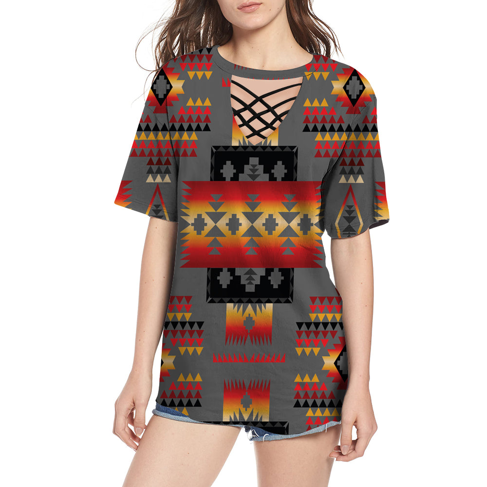 Gray Tribe Pattern Native American Round Neck Hollow Out Tshirt