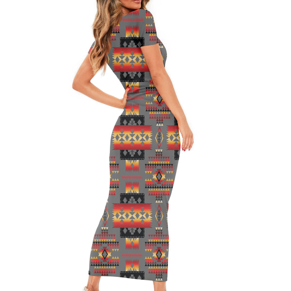 Gray Tribe Pattern Native American Short-Sleeved Body Dress - Image 3