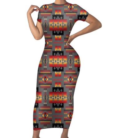 Gray Tribe Pattern Native American Short-Sleeved Body Dress