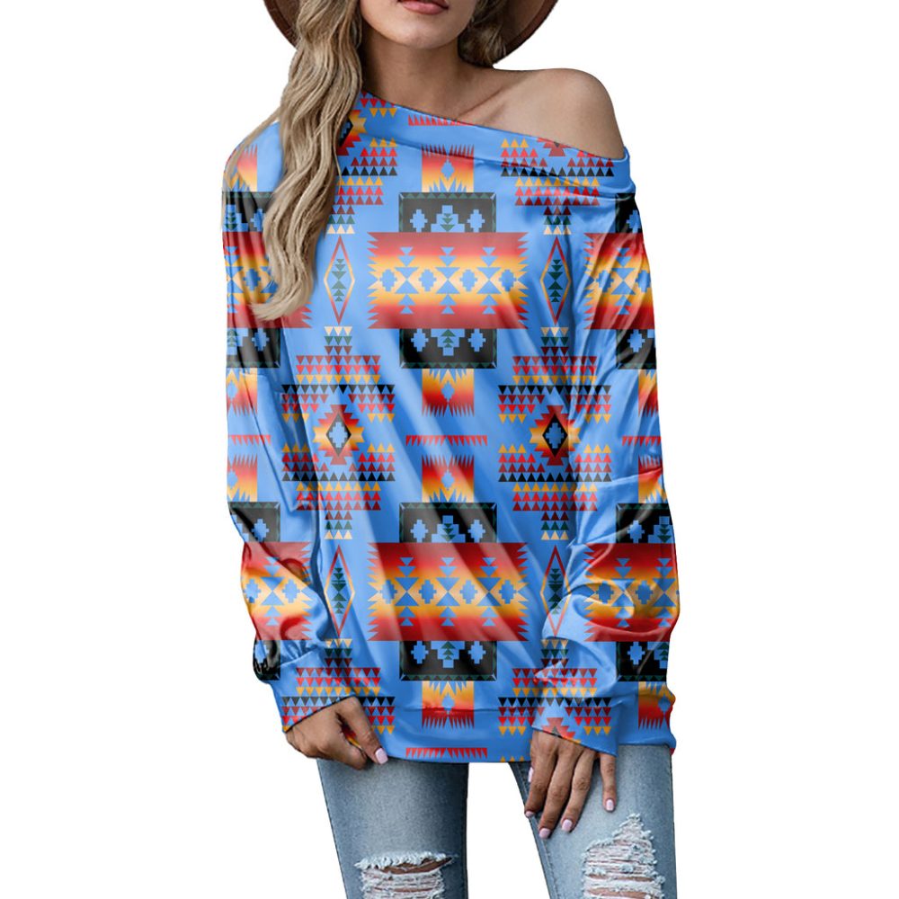 Dark Blue Native Tribes Pattern Native American Off-shoulder Sweatshirt