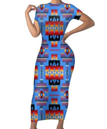 Dark Blue Native Tribes Pattern Native American Short-Sleeved Body Dress