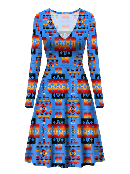 Dark Blue Native Tribes Pattern Native American V-Long Sleeve Dress - Image 2