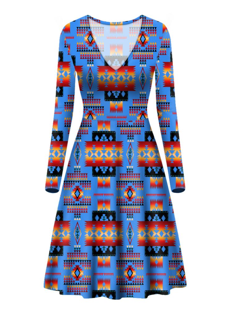 Dark Blue Native Tribes Pattern Native American V-Long Sleeve Dress