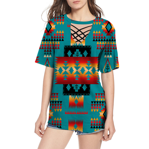 Blue Native Tribes Pattern Native American Round Neck Hollow Out Tshirt - Image 2