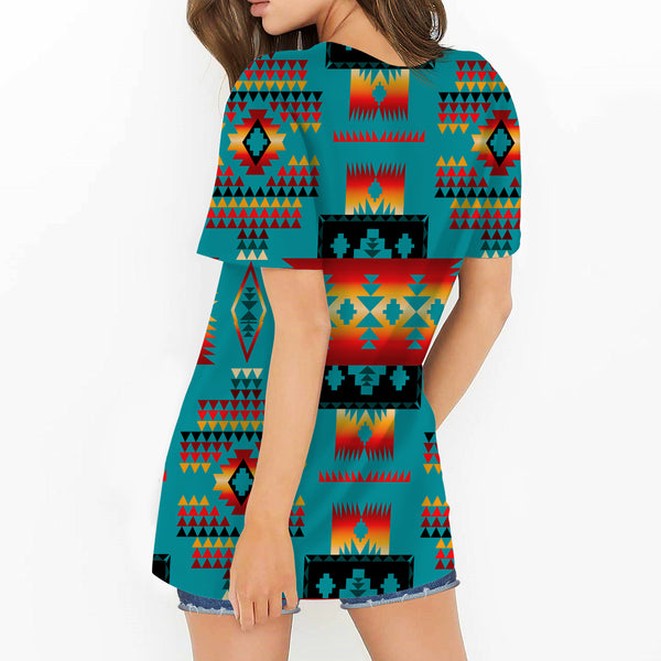 Blue Native Tribes Pattern Native American Round Neck Hollow Out Tshirt - Image 3