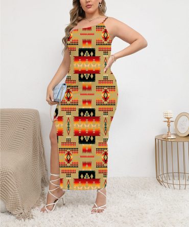 Light Brown Oblique-Shoulder Exposure Dress With Side Split