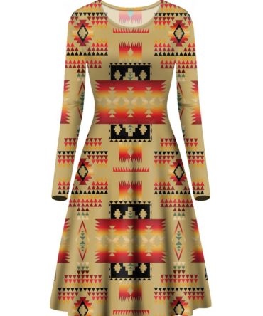 Light Brown Pattern Native Long Sleeve Dress