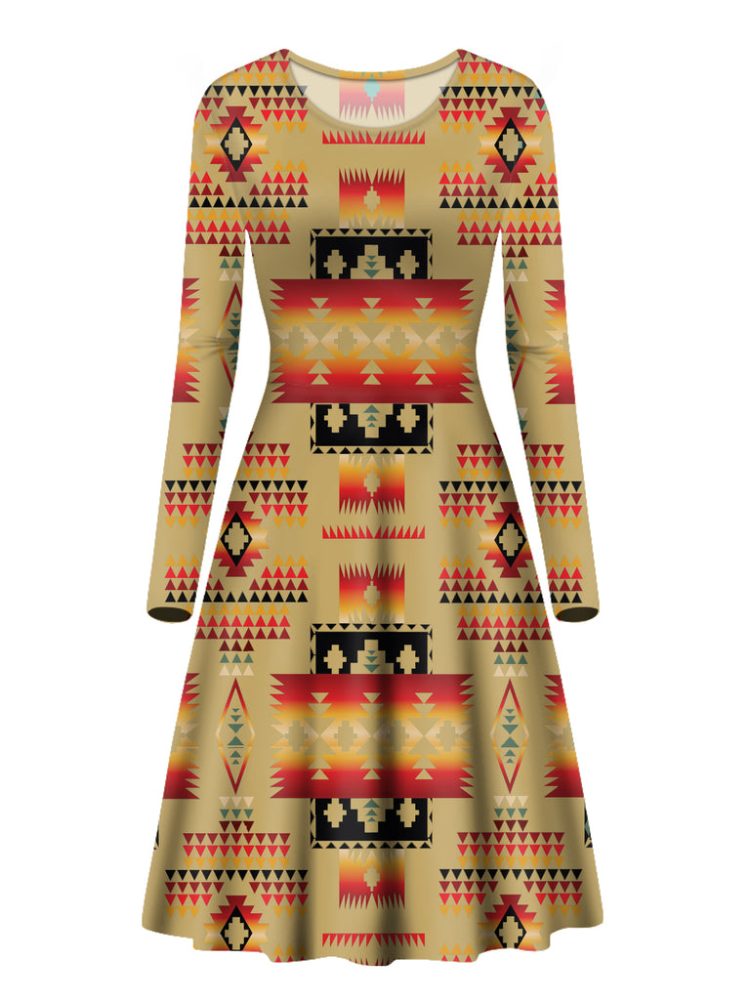 Light Brown Pattern Native Long Sleeve Dress