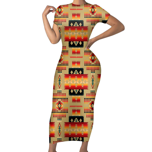 Light Brown Tribe Pattern Native American Short-Sleeved Body Dress - Image 2