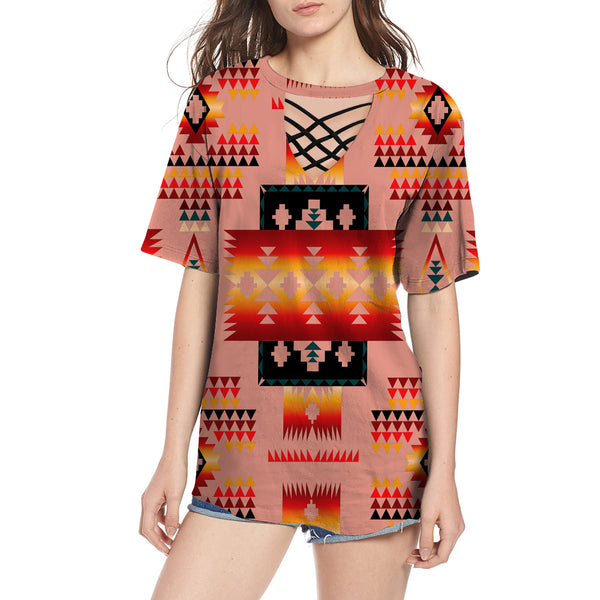 Tan Tribe Pattern Native American Round Neck Hollow Out Tshirt - Image 2