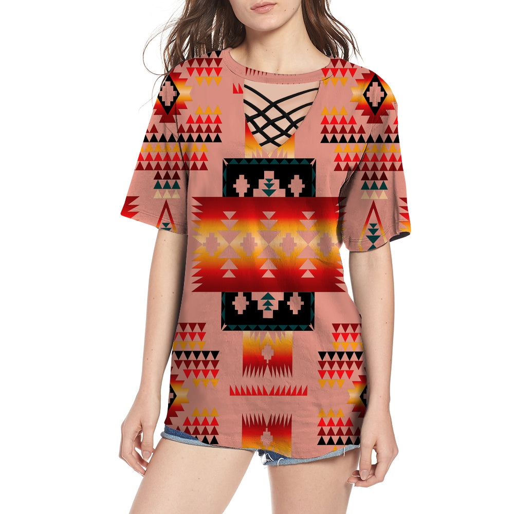 Tan Tribe Pattern Native American Round Neck Hollow Out Tshirt